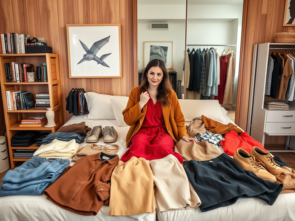 Een vrouw in een oranje jasje zit op een bed omringd door verschillende kledingstukken en schoenen in een slaapkamer.