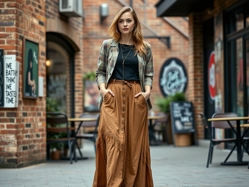 Een vrouw in een modevolle outfit poseert in een straat met cafés en bakstenen muren.