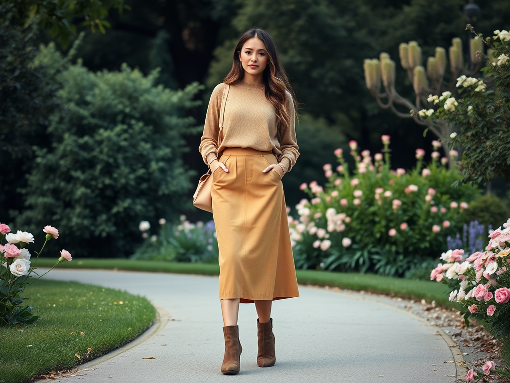 Een vrouw in een gele rok en beige trui loopt over een pad tussen kleurrijke bloemen in een tuin.