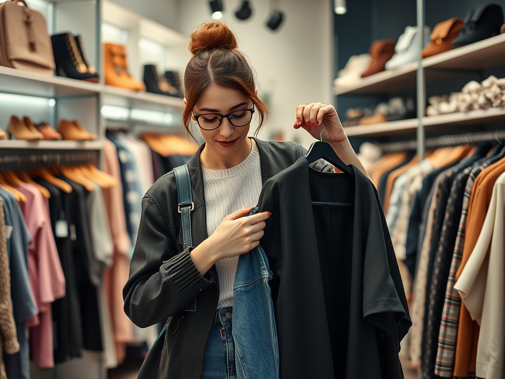 Een jonge vrouw in een kledingwinkel houdt een kledingstuk vast en kijkt naar de kledingrekken om haar heen.