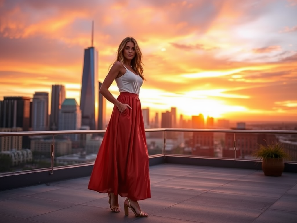 Een vrouw in een lange rode rok staat op een dakterras met een stad en zonsondergang op de achtergrond.