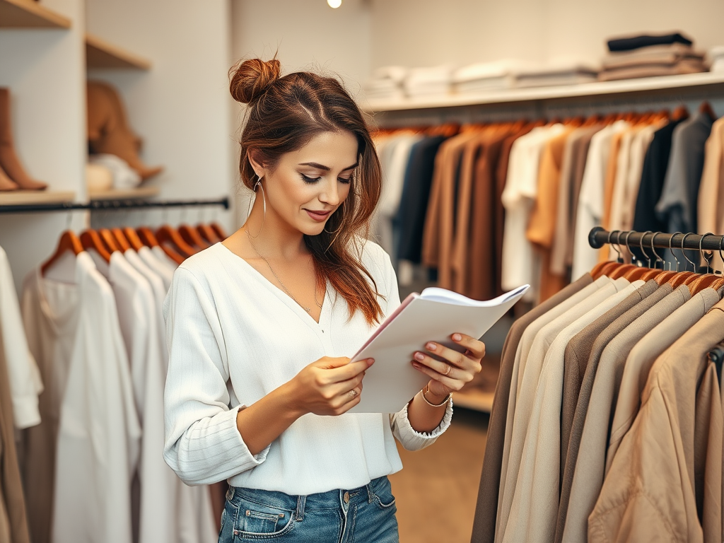 Een jonge vrouw leest een notitieboekje terwijl ze in een kledingwinkel is, omringd door verschillende kledingstukken.