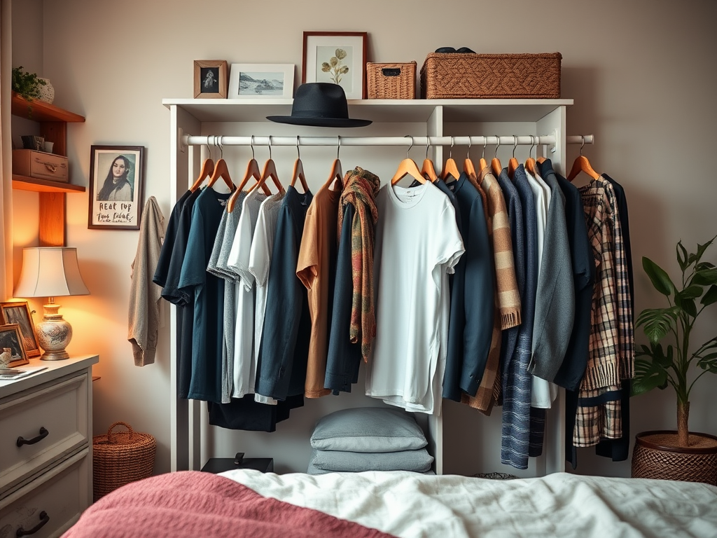 Een kledingrek met verschillende shirts en jassen in een gezellige slaapkamer met warme verlichting.