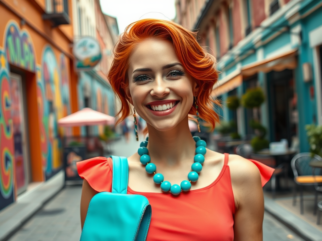 Een glimlachende vrouw met oranje haar en een blauw-achtige ketting, staand in een kleurrijke straat.