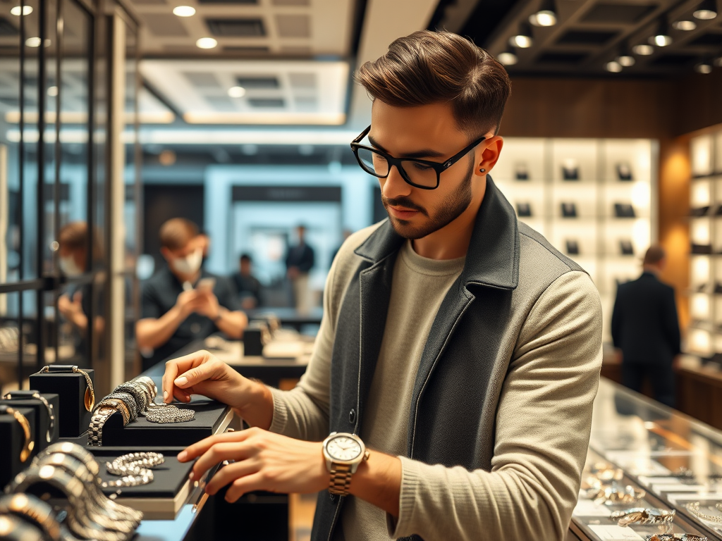 Een jonge man kijkt aandachtig naar sieraden in een luxe juwelierszaak. Verschillende armbanden zijn tentoon gesteld.