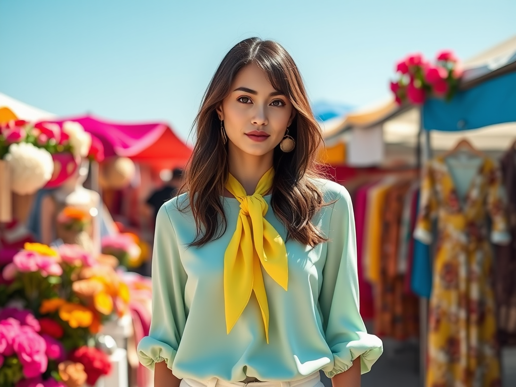 Jonge vrouw met een lichte blouse en gele sjaal, achtergrond met kleurrijke marktkramen en bloemen.