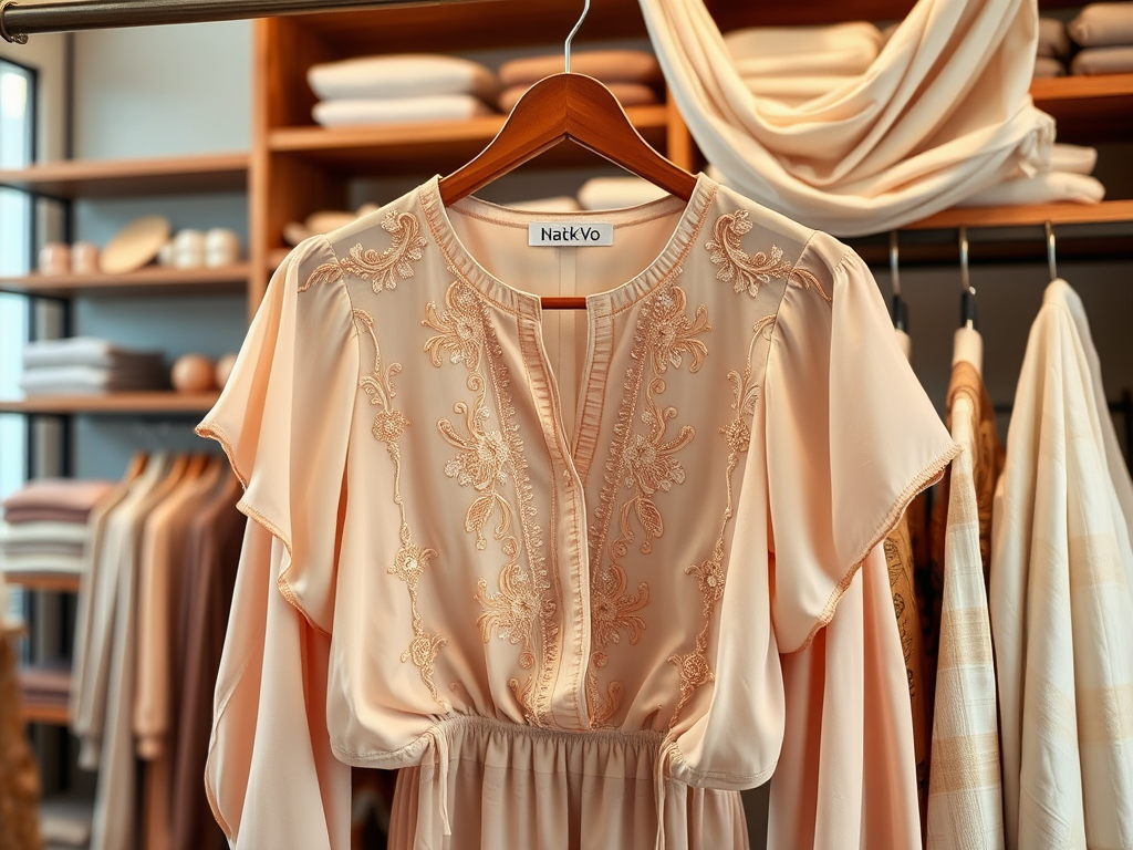 Een lichtroze blouse met borduursels, hangt aan een hanger in een stijlvolle winkel met kleding en stoffen.